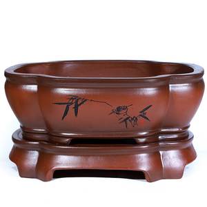 紫砂花盆长方形紫砂盆景盆带托盘罗汉松文竹花盆透气榕树小叶紫檀