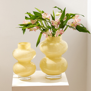 MONAZONE中古玻璃花瓶高级感艺术奶玉色复古客厅桌面水培插花花器