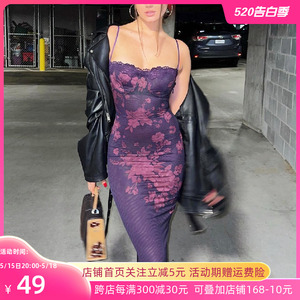 欧美复古紫色印花蕾丝拼接吊带连衣裙女夏设计感修身包臀性感长裙