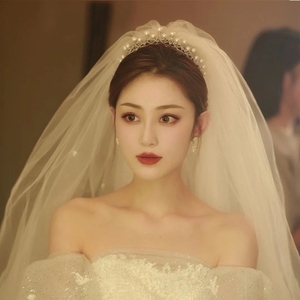 头纱新娘主婚纱皇冠三件套仙气巴洛克头饰冠高级超仙森系抖音同款