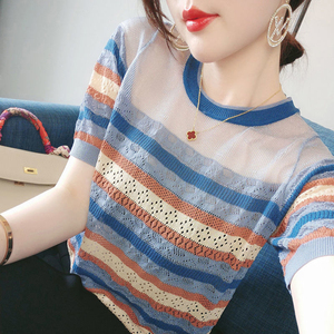 彩虹撞色冰丝短袖t恤女2022夏季新款圆领宽松百搭薄款针织上衣潮