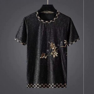 中国风梅花小鸟贴片刺绣夏季短袖t恤男韩版潮流大码宽松黑色上衣