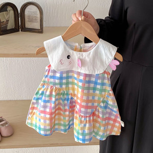 婴儿衣服夏季韩版洋气宽松透气格子连衣裙六7八9十个月女宝宝裙子