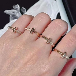 tiffany /蒂芙尼t1新款带钻戒指18k玫瑰金双t无钻白贝母戒指女