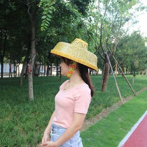 草帽竹编鱼帽春夏季海南斗笠帽 渔民帽子平顶防水环卫工人农民帽