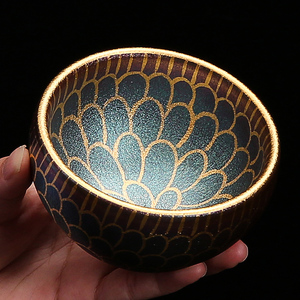 三信杯描金建盏莲花杯家用主人杯收藏窑变金线莲花茶杯铁胎品茗杯