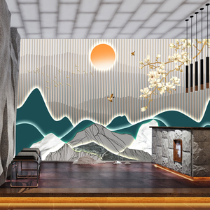 3d立体发光假山墙纸新中式采耳店养生馆背景墙布足浴店形象墙壁纸