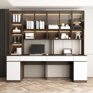 书柜一体书桌带书架组合双人学生学习桌定制靠墙儿童房电脑写字台