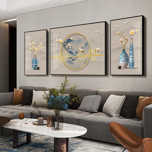 轻奢客厅装饰画三联画现代简约新中式沙发背景壁画画创意镶钻挂画