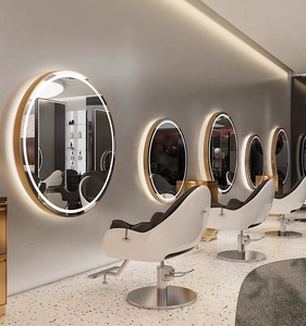 圆形镜子美发单面壁挂式理发店镜台带灯半圆形发廊剪发专用烫染镜