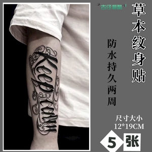 英文花体字保持冷静草本纹身贴女防水持久花臂男半永久仿真刺青