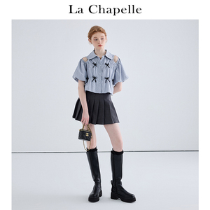 拉夏贝尔/La Chapelle法式甜美露肩蝴蝶结设计感蓝色条纹短袖衬衫