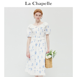 拉夏贝尔/La Chapelle蕾丝娃娃领碎花珍珠扣短袖衬衫半身裙套装女