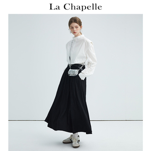拉夏贝尔/La Chapelle垫肩抽绳短款白色衬衫黑色百褶半身裙两件套