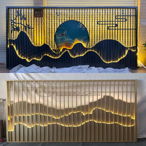 定制不锈钢屏风假山隔断玄关别墅户外庭院酒店镂空轻奢山水背景墙