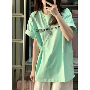 纯棉薄荷绿正肩短袖t恤女宽松夏季韩版设计感小众oversize上衣服