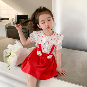 女童夏装连衣裙2024新款红色背带裙子儿童夏季洋气公主裙夏天套装