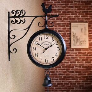 美式双面静音铁艺钟表挂钟客厅欧式北欧创意挂表复古工艺两面时钟