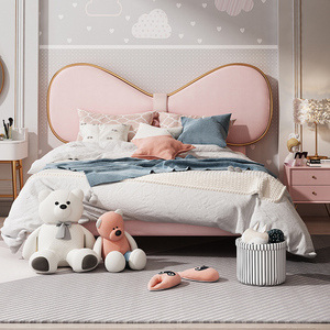 梦幻网红儿童床女孩公主床卡通可爱蝴蝶结床现代轻奢实木软包皮床