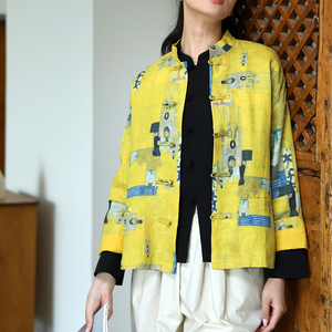 桃知窈窈2022秋国潮中式女装/印象派 亚麻印花春秋长袖外套小褂衫