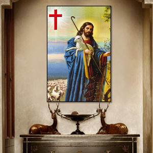 西方人物耶酥稣牧羊图装饰画客厅中堂十字架壁画教堂文艺复兴挂画