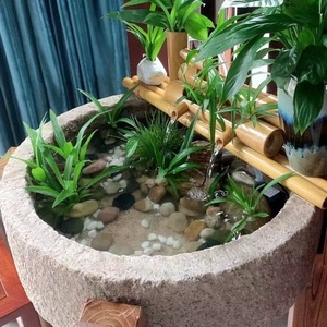 竹排流水摆件老石槽石磨石盆养鱼石头鱼缸养花竹子室内水晶观池摆