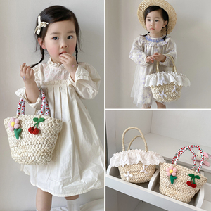 蕾丝儿童包包女童可爱小樱桃草编包大容量手提包女孩出游编织包潮
