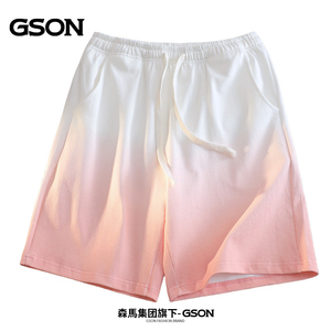 森马集团GSON休闲短裤男士夏季纯棉重磅双纱潮牌渐变粉色五分裤子