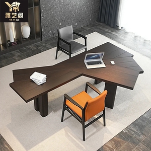 意式极简扇形书桌设计感轻奢现代书房写字台实木不规则电脑办公桌