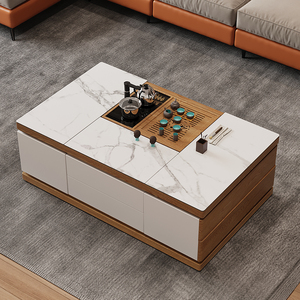 林氏木业岩板电动升降功夫茶几简约办公室多功能泡茶桌客厅带茶具