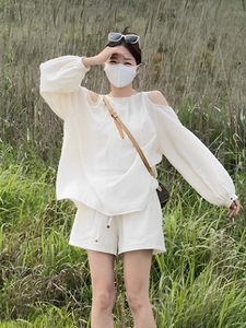 休闲棉麻防晒套装女2024夏装搭配一整套时尚别致镂空漏肩白色上衣