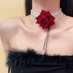 植绒红色玫瑰颈链白色蕾丝颈带礼服晚宴项链choker脖子配饰女款潮