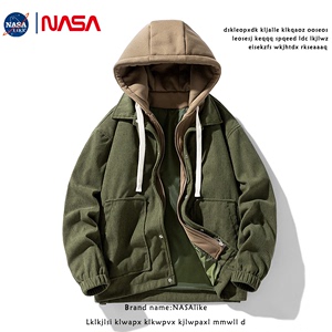 NASA联名灯芯绒假两件棉服夹克男士春秋冬季宽松连帽外套情侣加绒