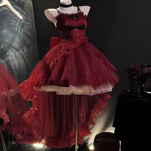 现货 前短后长轻礼服高级星空细闪公主裙红色礼服裙Lolita连衣裙