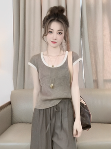 韩版拼色冰麻短袖T恤女小众气质打底针织衫宽松修身显瘦内搭上衣
