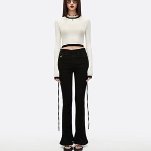 新款smfk人鱼skinny牛仔裤黑白高弹力修身显瘦腰绳设计喇叭裤女秋