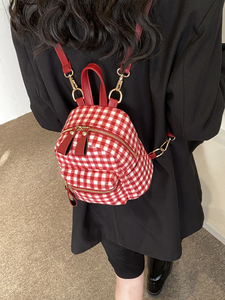 甜美格子红色双肩包包女士2024新款潮韩国背包可爱手提单肩包书包