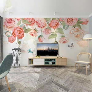 北欧手绘壁画美式香槟玫瑰沙发电视背景墙纸田园壁纸现代简约墙布