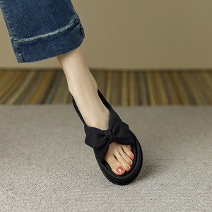 交叉绑带黑色蝴蝶结凉拖鞋女厚底仙女风