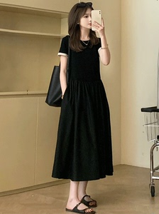 高级感气质黑色长款短袖连衣裙2024新款女夏季爆款收腰显瘦长裙子