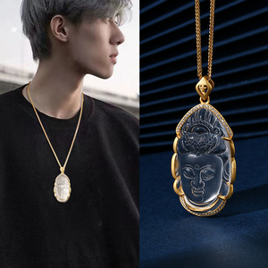 白水晶佛公项链女礼物镶嵌弥勒佛观音头吊坠男笑佛头长款锁骨链子