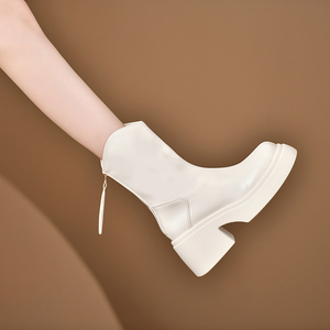 白色小香风短靴女2023秋冬季新款显瘦粗跟高跟厚底靴子女款马丁靴