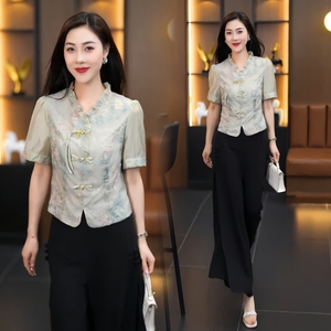 新中式轻奢设计感时尚套装女士夏季气质国风刺绣衬衫九分裤两件套