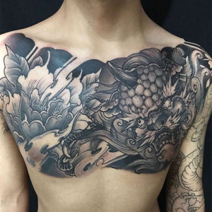 老传统唐狮牡丹花胸纹身贴灰黑图案男女款防水持久防真刺青贴社会