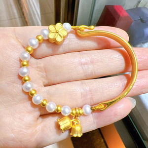 周大福999999足金桃花手链新款24k纯金铃兰花珍珠手镯女黄金转运