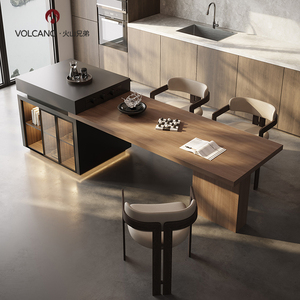 中古风岛台餐桌一体原木纹岩板可伸缩高级轻奢厨房中导台家用定制