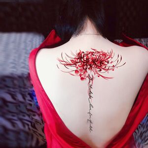 纹身贴 魔狱彼岸花 后背脊柱英文红色大图案肚皮腰腹防水 女 持久