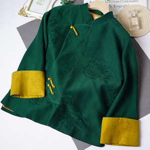 立领桑蚕丝绿色气质重磅提花轻奢复古新中式中国风长袖拼色外套
