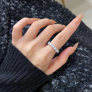 爱心满钻纯银戒指心型排钻指环不掉色食指戒可叠戴