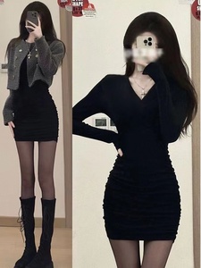 黑色辣妹V领长袖连衣裙女秋季2023新款韩版时尚性感紧身包臀裙子